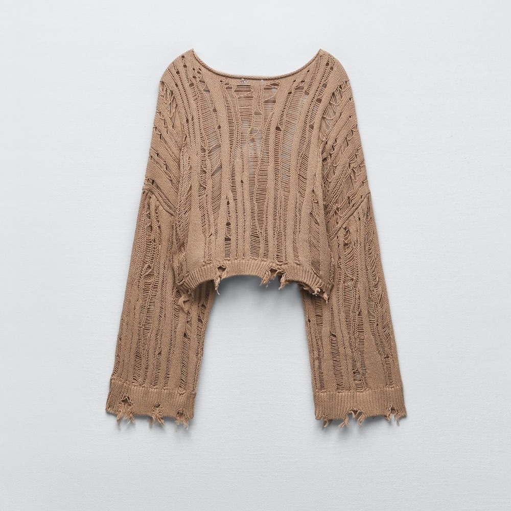 Ripped cropped knit sweater NWT Tobacco